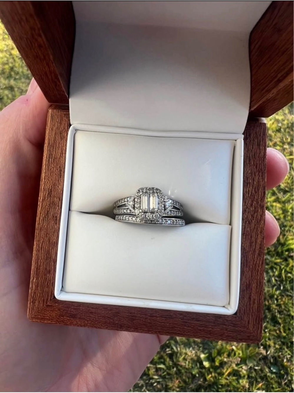 Sterling Silver White Diamond Halo Engagement Ring Set